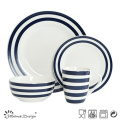 Conjunto de jantar de porcelana 16pcs com tira de decalque azul e design de pontos